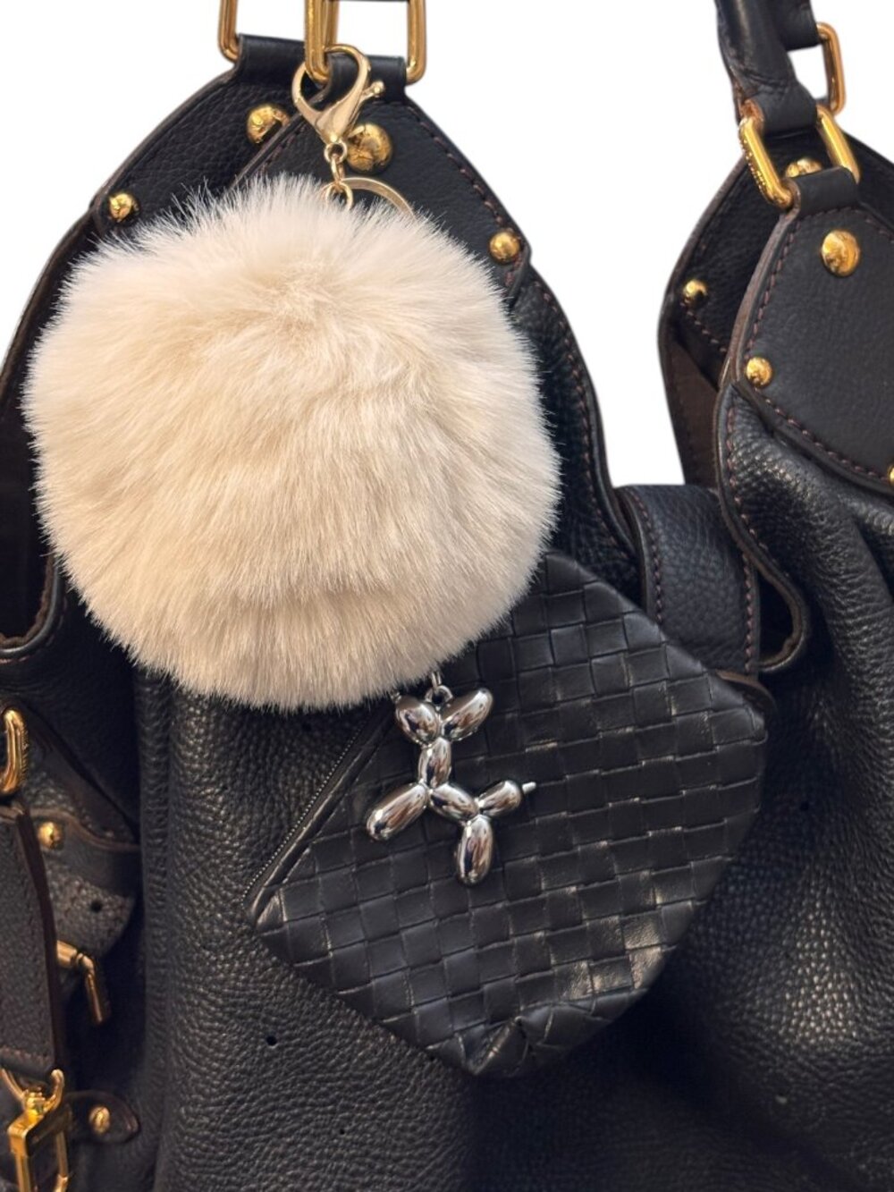 NEW Black and White Woven Pouch Balloon Dog Pom Pom Bag Charm Keychain Set